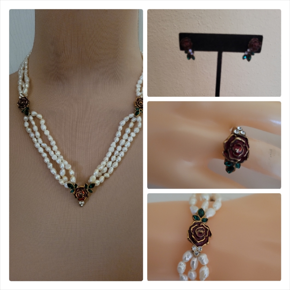4 PC PEARL/ENAMEL JEWELRY SET